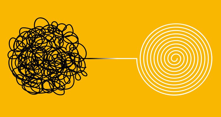Seeking Safety, illustration of black line tied in knots transforming into smooth spiral on yellow background - seeking safety