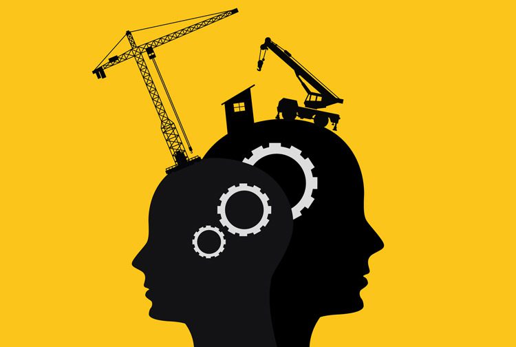 digital illustration of construction happening with cranes and other equipment on two human head silhouettes - black and white against bright yellow - neuroplasticity