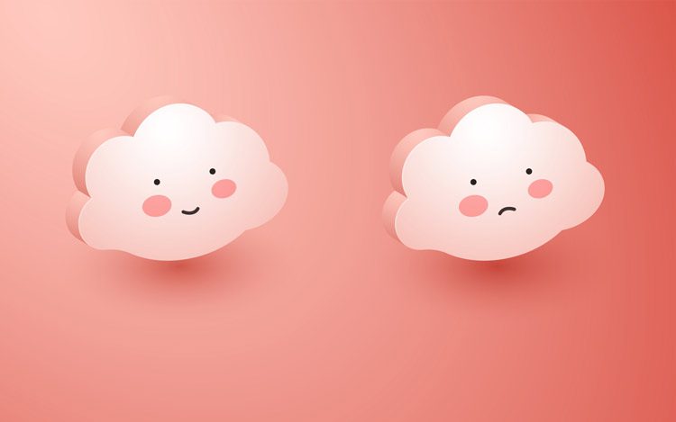 two little clouds on pink background - one has a happy face, and the other is frowning - pink cloud