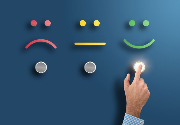 red sad face, yellow indifferent face, and green smiling face, each with a button below them; a man's hand is is pressing the button under the smiling face - emotions